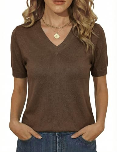 Totatuit Camiseta de Punto Mujer Manga Corta Cuello en V Suéter Ligero | Cuello V, Estilo Diario, Uso Casual, Combinación Versátil