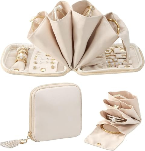 Lolalet Travel Jewelry Case Organizer, Small Jewellery Pouch with Compartments for Storage, Bag for Traveling Women, Packing for Necklaces, Earrings, Bracelets, Gifts for Mom-Cloud White