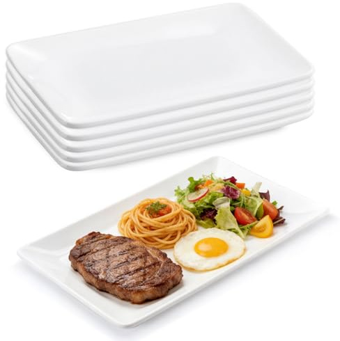 Set de 6 Assiettes Rectangulaire, 13.5 * 22.5cm Assiettes à dîner en Porcelaine, Plats de Service pour Fête, Plateau en Céramique pour Viande, Nourriture, Apéritif, Blanc