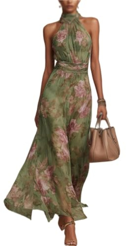 Sommer-Slip-Kleid for Damen, Elegantes, ärmelloses, fließendes Maxikleid mit Blumendruck, Party-Strand-Hochzeitsgastkleid