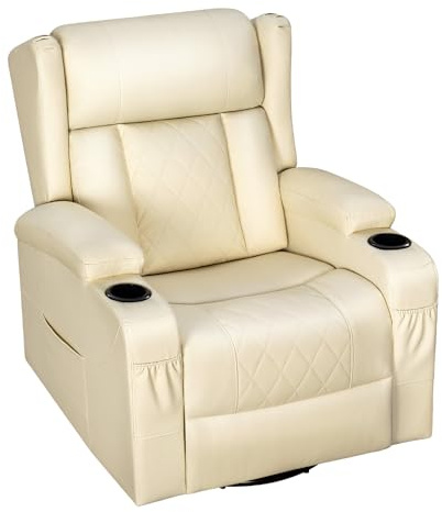 WOLTU Relaxsessel mit Liegefunktion, Fernsehsessel mit drehbar, PU Beige | Relaxliege sanftes Wippen, mit Verstellbarer Fußstütze und Getränkehalter & Aufbewahrungstaschen, für Wohnzimmer Schlafzimmer