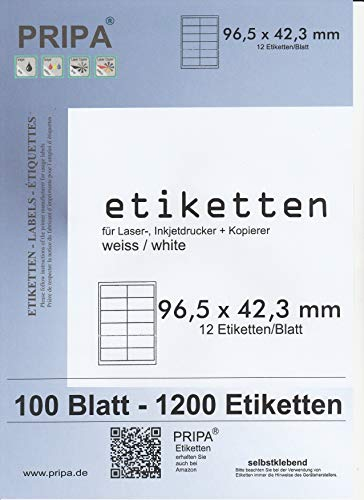 pripa Etikettenformat 96,5 x 42,3 mm 100 Blatt Din A4 Selbstklebende Etiketten (100)