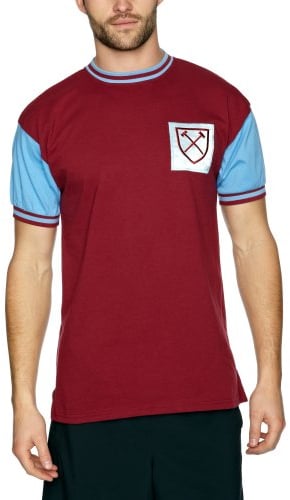 Score Draw West Ham United 1966 No 6 Retro Football Shirt Claret/Sky Large Cotton