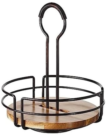 Gourmet Basics by Mikasa 5208928 Hanover Rotating Condiment Caddy with Acacia Wood Insert, Antique Black, Steel