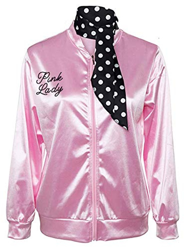 Nofonda Ladies Giacca in raso Giubbotto rosa con sciarpa in polka dot 1950s Costume Lady Giacche donne Pink per feste mascherate Halloween