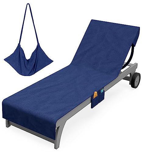 Vinsani Sun Lounger Beach Towel with Pockets, Soft & Quick Dry, Navy Blue | Large Sunbed Holiday Microfibre Towel 215 x 73 cm, Ideal for Beach, Pool, Swimming & Summer Adventures