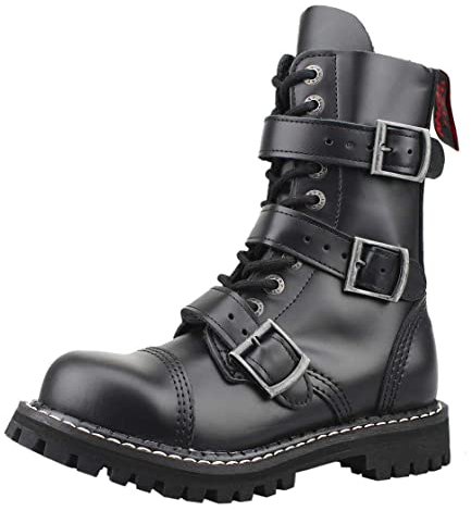 Angry Itch Anfibi Stivali Militari Unisex Donna Uomo Pelle Nero 10 Buchi 3 Fibbie Punta di Ferro Punk