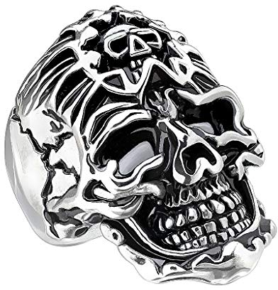 Mianova Herren Ring Edelstahl Massiv Breit Herrenring Männer Biker Rocker Totenkopf Ring Totenschädel mit Bandana Silber Größe 68 (21.6)