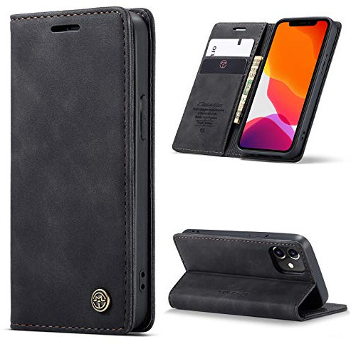 UEEBAI Handyhülle für iPhone 12 Mini 5.4 Zoll, Retro Matte Handyhülle PU Fallschutz Lederhülle Weich TPU Klapphülle mit Kartenfach Standfunktion Magnetverschluss Flip Case Handytasche - Schwarz