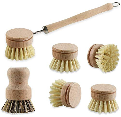 LQNB Ensemble de 6 Brosses à Vaisselle en Bois avec Brosse en Fibre Naturelle et Manche en Bois - Brosse à Laver en Bois avec TêTe Interchangeable/TêTe de Rechange