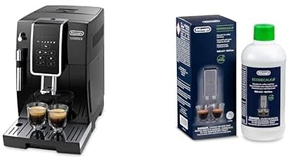 De'Longhi Dinamica ECAM 350.15.B Kaffeevollautomat mit Milchaufschäumdüse für Cappuccino, mit Espresso und Kaffee Direktwahltasten und Digitaldisplay, 2-Tassen-Funktion, Schwarz mit DLSC 500 Entkalker
