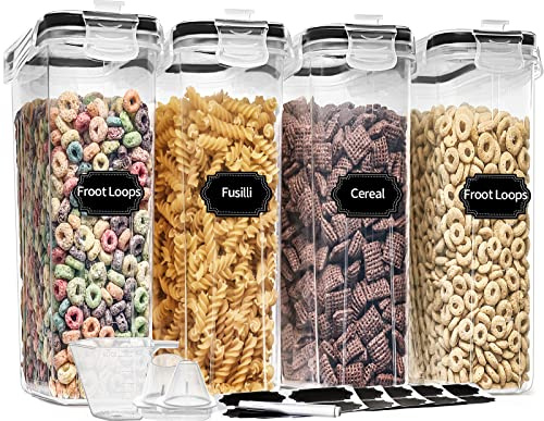 PRAKI Müslibehälter-Aufbewahrungs-Set (4 l, 4 ml), 4 luftdichte Frischhaltedosen mit Ausgießer für Küche und Speisekammer, Müslispender mit 20 Etiketten, Messbecher und Marker