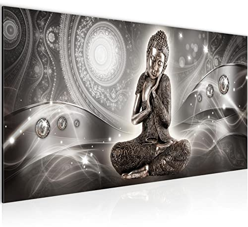 Runa Art Wandbild Buddha Zen 1 Teilig 100 x 40 cm Modern Bild auf Vlies Leinwand Feng Shui Wohnzimmer Schlafzimmer Grau 041612b