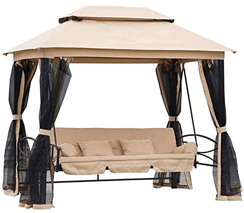 Outsunny Dondolo 3 Posti e Lettino Singolo Copertura a Gazebo con Zanzariera e Cuscini 256x172x248cm Beige