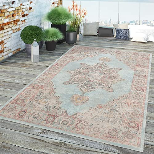 TT Home In-& Outdoor Teppich Küche Wohnzimmer Wetterfest Balkon Vintage Design Abstrakt, Farbe:Türkis, Größe:160 cm Rund