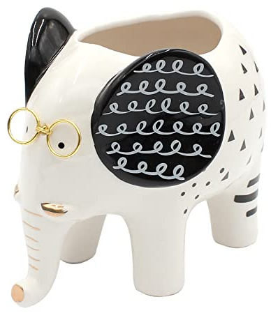 Dekohelden24 Übertopf Pflanztopf aus Keramik Motiv: Elefant mit Brille - Maße L/B/H: ca. 15 x 10 x 14 cm
