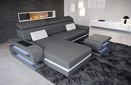 Sofa Bologna - mit LED Beleuchtung, verstellbare Kopfstützen, Recamiere/Mikrofaser/Ausrichtung wählbar (Ottomane Links, Weiss-Grau)