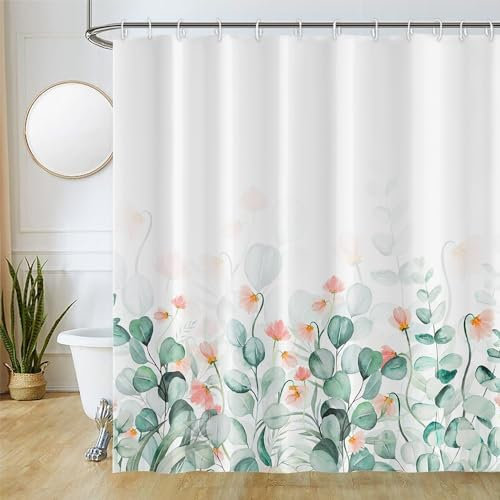 Uiiooazy Rideau Douche Eucalyptus, Rideau de Douche Feuilles Vert Fleur Rose Rideaux de Baignoire Anti Moisissure Imperméable Tissu Polyester Lavable Rideaux Salle de Bain avec 12 Crochets 180x180cm