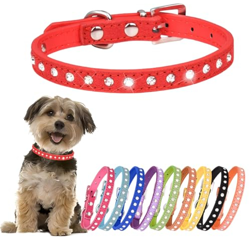 Strass-Hundehalsband, niedlicher Kristall, Diamant-Katzenhalsband, weiches Leder, Kätzchen-Welpenhalsband, verstellbar, für kleine, mittelgroße Hunde, Rot, Größe S