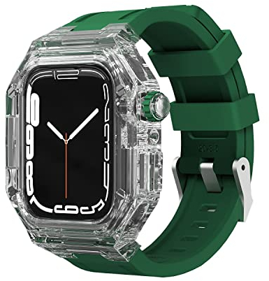 BKUANE Luxury Transparent Modification Kit Case For Apple Watch 440 41mm DIY Mod Kit+Rubber Strap For Apple Watch Band 45mm 44mm SE 8 7 6 5 4 (Color : Green, Size : 45mm)