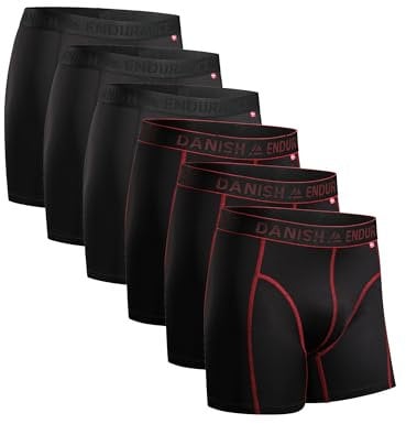 DANISH ENDURANCE Mens Boxers, Anti Chafing, Long Leg or Regular, Sports Underwear Men, Running Boxers, 6 Pack, Multicolor (3x Black, 3x Black/Red Seams), X-Large
