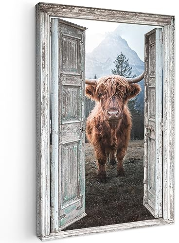MuchoWow© Bilder 40x60 cm Wohnzimmer Deko Modern Wandbild Foto auf Leinwand Bild Schlafzimmer Room Decor Geschenke Schottische Highlander - Kuh - Landleben - Fensterblick