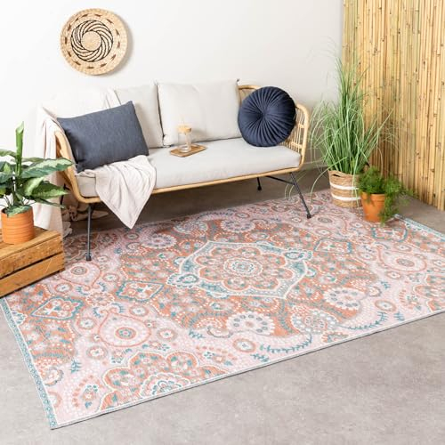 FRAAI | Home & Living Outdoor Teppich Boho - Vedra Medaillon Rosa - Wetterfest - Polypropylen - Flachgewebe - Garten/Terrasse - Terrasse - Rug