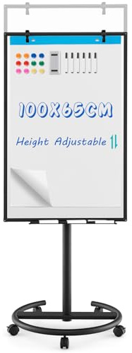 COSTWAY Flip Chart Mobile Whiteboard, 100x65cm Height Adjustable Dry Erase Board with Stand, Paper Clips, Magnets, Markers and Eraser, Standing Magnetic Whiteboard for Home Office School (Black)