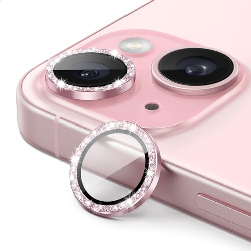 JETech Protecteur d'Objectif de Caméra pour iPhone 15 6,1 Pouces et iPhone 15 Plus 6,7 Pouces, Couvercle d'Anneau Bling Glitter Individuel en Métal en Verre Trempé 9H, 1 Série (Rose)