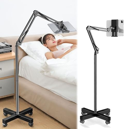 Porta Tablet Regolabile a Collo di Cigno Con Ruote - Supporto Tablet per iPad, iPhone, Samsung Tab, Smartphone, E-reader - Libera Circolazione