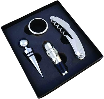 PARENCE - Coffret Vin 4 accessoires en Acier Inoxydable - Tire bouchon, baque anti goutte, bouchon et bec verseur Dégustez avec Élégance
