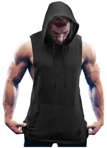 COOFANDY Tank Top Herren Fitness Shirts Workout Sport Fitness Hoodie Muskelshirt mit Handytaschen Muskel Shirt Sport Tshirts Kapuzenpullover Schwarz(1 Stück) XXL