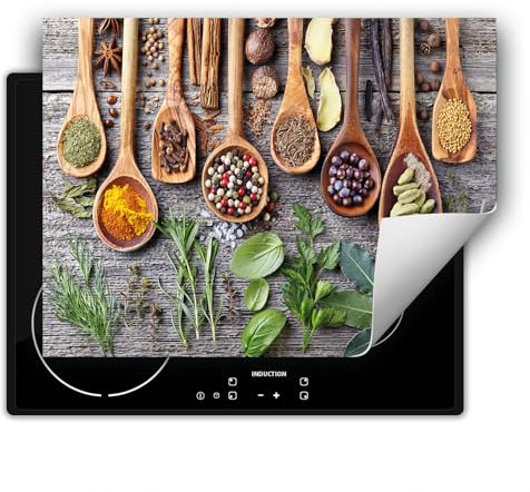 DarHaus Herdabdeckplatte 1 teilig 80x52 cm Küche Herdabdeckung Ceranfeld Herdabdeckplatten Anti Rutsch Matte Aufrollbar, Gewürze - Holz