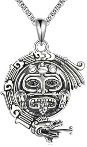 YFN Maya Drachen Halskette Sterling Silber Azteken Kalender Anhänger Religiöser Schmuck Geschenke für Damen Herren