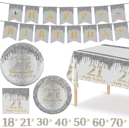 MORAINJAY Juego de vajilla de cumpleaños de 54 piezas para 21, juego de vajilla plateada y dorada para fiesta de cumpleaños 21, platos, servilletas, mantel, pancarta, suministros de fiesta de