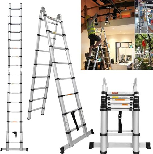 5M Ladders Extendable Multi Purpose A Frame Telescopic Ladder Aluminium Step Ladders Folding Extension Ladder, Portable Collapsible Roof Ladder with Stabilizer Bar, Max Load 330lbs (2.5M+2.5M)