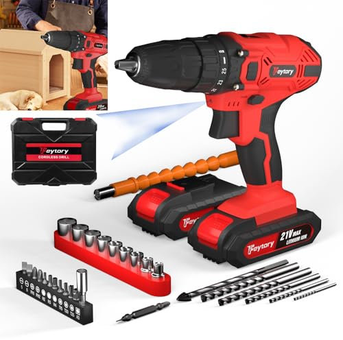 VickyHome Perceuse Sans Fil 21V Avec Batterie 1500mah, 25+1 Réglages De Couple Perceuse Et Tournevis Sans Fil Avec 29pcs Accessoires, Lampe De Travail Led, Rouge
