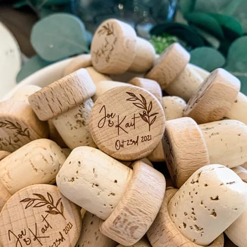 MXN Lot de 50 bouchons de vin personnalisés en bois gravé pour cadeaux de mariage, décoration de fête de mariage