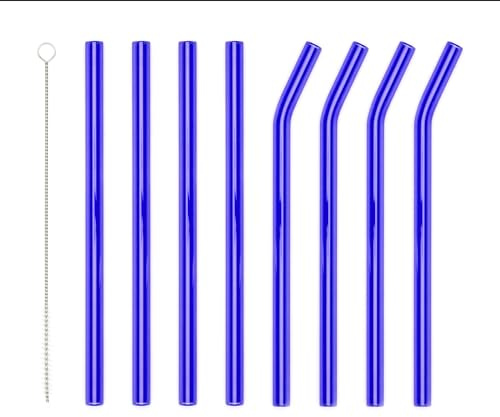 Lot de 8 pailles longues en verre, passent au lave-vaisselle, bleu foncé, pour cocktail, smoothie, réutilisables, passent au lave-vaisselle