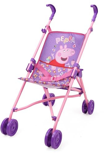 509 Crew Peppa Pig : poussette parapluie pour poupée – Violet, rose, fleurs – Accessoire pour poupées jusqu'à 61 cm, design pliable, auvent rétractable, jouet pour enfants, à partir de 3 ans