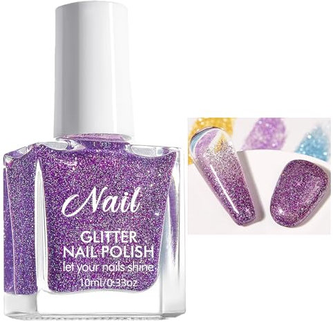 Glitter Nail Polish, 10ml Violet Nail Varnish Long-lasting Quick Dry Nail Polish, Non-Toxic Water Based Nail Polish Gel, No Need UV Nail Lacquer for Women Girls Gift, DIY Home Manicure (Violet)