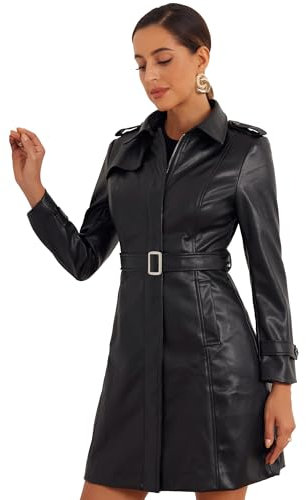 Allegra K Manteaux mi-Longue Femme Trench en Simili Cuir avec Ceinture Veste Faux Cuir Coupe Cintrée Col à Revers et Manches Longues Blouson PU de Motard Noir XS