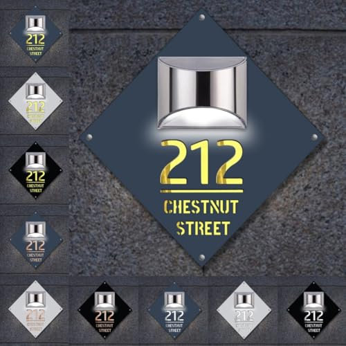 Panneau de maison personnalisé avec lumière solaire - Plaque de numéro de porte personnalisée pour mur de maison avec plaques nominatives lumineuses pour l'extérieur et l'extérieur