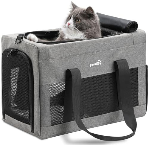 pecute® Cat Carrier Airline Approved, Extra Stable Cat Carrier Handbag, Portable Dog Carrier, Breathable Mesh Fabric Bag for Pets, Pet Carrier Suitable for Both Long And Short Trips Grey