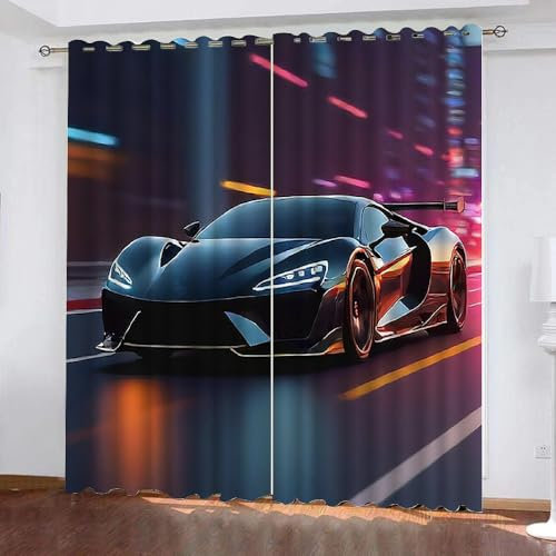 Auto Gardinen Motiv Schwarz Rot Sportwagen 2 Stück H 160Cm X B 100Cm, Vorhang Blickdicht Ösen Kurz,Verdunklungsvorhänge Kinderzimmer Mädchen Jungen,Kinder Vorhang Verdunkelung Für Schlafzimmer,A18