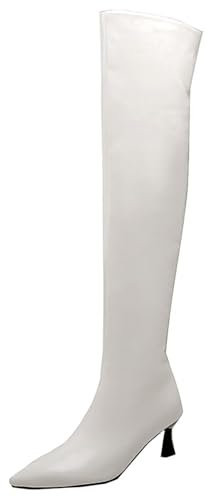 HSyc JRX Stivali sopra il ginocchio con tacco alto 5 cm sopra il ginocchio in vernice, bianco, 43 EU