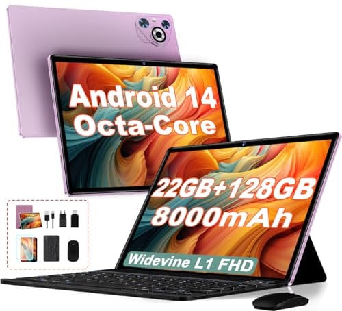 2025 Newest Tablet 10 pollici Android 14, 22GB RAM 128GB ROM/TF 1TB, Processore Octa-Core, 8000mAh, Corpo in Metallo, Doppio WiFi, 8MP+5MP, Widevine L1, Protezione Occhi, Tastiera, Mouse, Violet