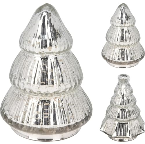 Carousel Home Small Silver Glass Christmas Tree | Mottled Gold Christmas Tree Ornament | Freestanding Christmas Tree Statue Decoration - 13cm ~ Design Varies One Supplied