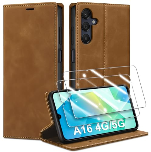 Guisessy für Samsung Galaxy A16 5G/4G Hülle mit 2 Schutzfolie, Braun | Premium Leder Handyhülle, Magnet, Kartenfach, Standfunktion, Klappbar Flip Wallet Schutzhülle