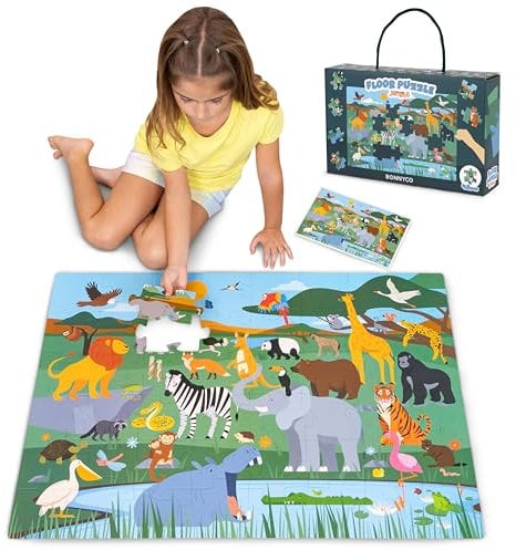 XXL Puzzle 48 Teile Kinder - BONNYCO | Floor Puzzle Dschungeltiere | Bodenpuzzle Kinder Geschenke für Jungs Mädchen | Puzzel Große Teile XXL Kinderspielzeug 2 3 4 5 6 7 8 Jahre Geburtstag Weihnachten
